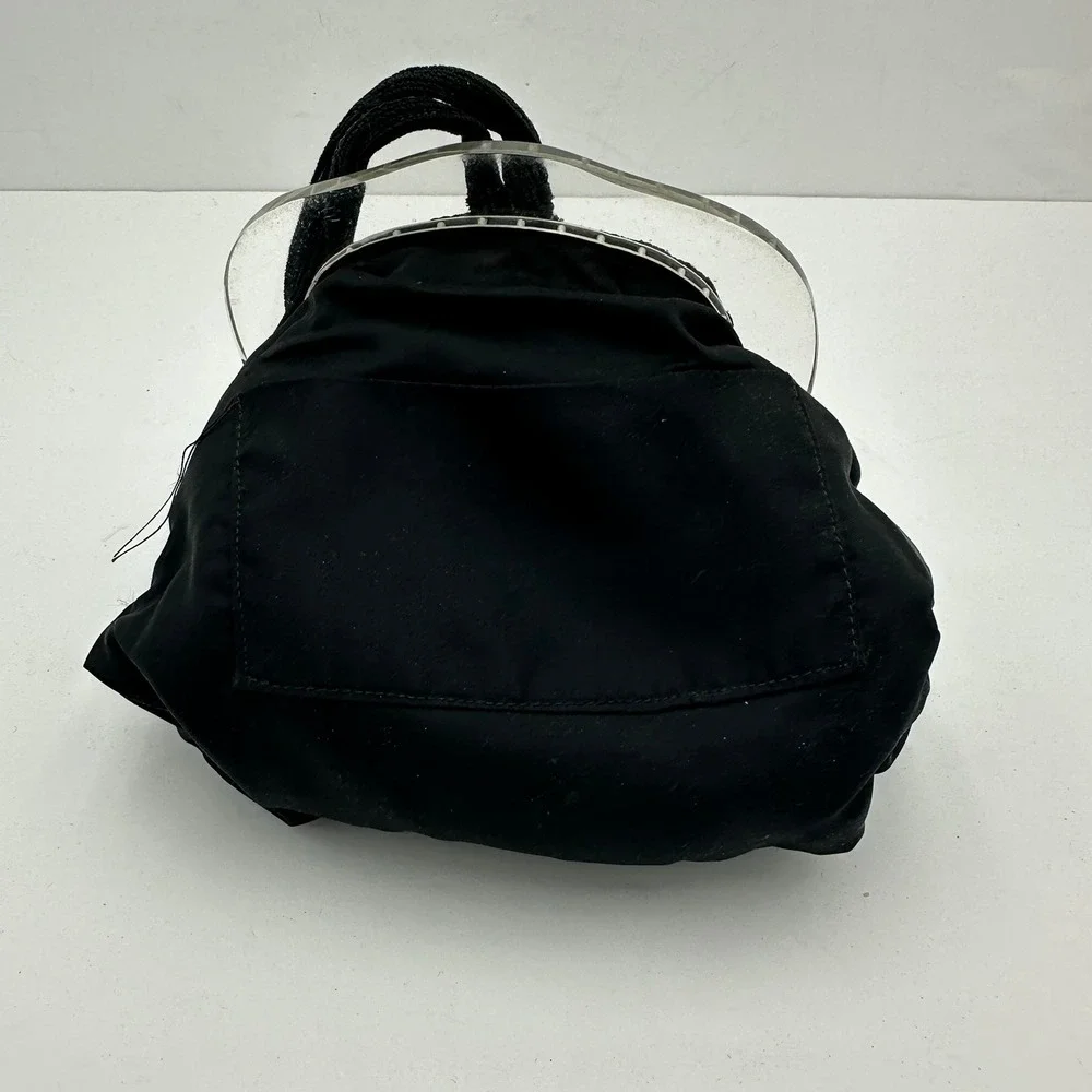 Vintage Black Corde Wristlet Handbag Clear Lucite Frame Triangle Stitch 50s MCM